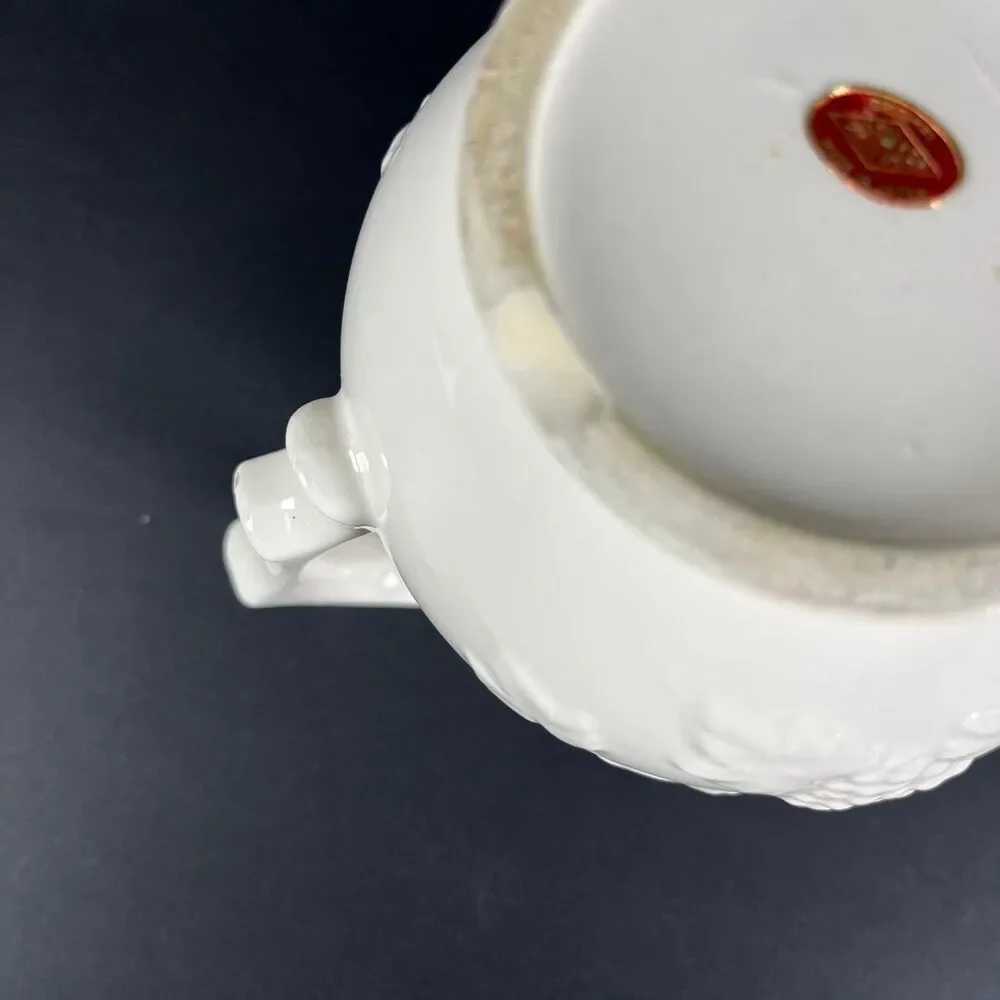 1950s Artmark Japan White Ceramic Pitcher Grape Leaf Embossed FLAW READ